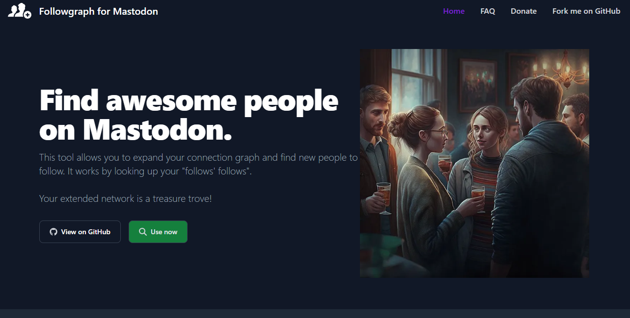 Capture d'ecran de la page d'accueil de Follograph, dont l'accroche est "Find awesome people on Mastodon"